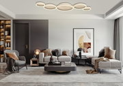 Moderne LED-Deckenleuchte in einem stilvollen Wohnzimmer, aus der Perspektive von unten betrachtet.