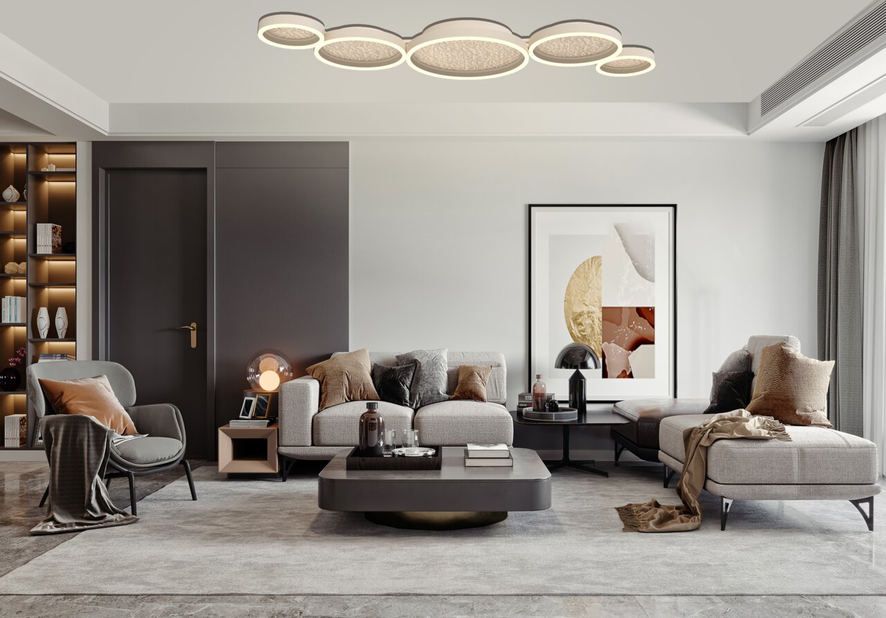 Moderne LED-Deckenleuchte in einem stilvollen Wohnzimmer, aus der Perspektive von unten betrachtet.