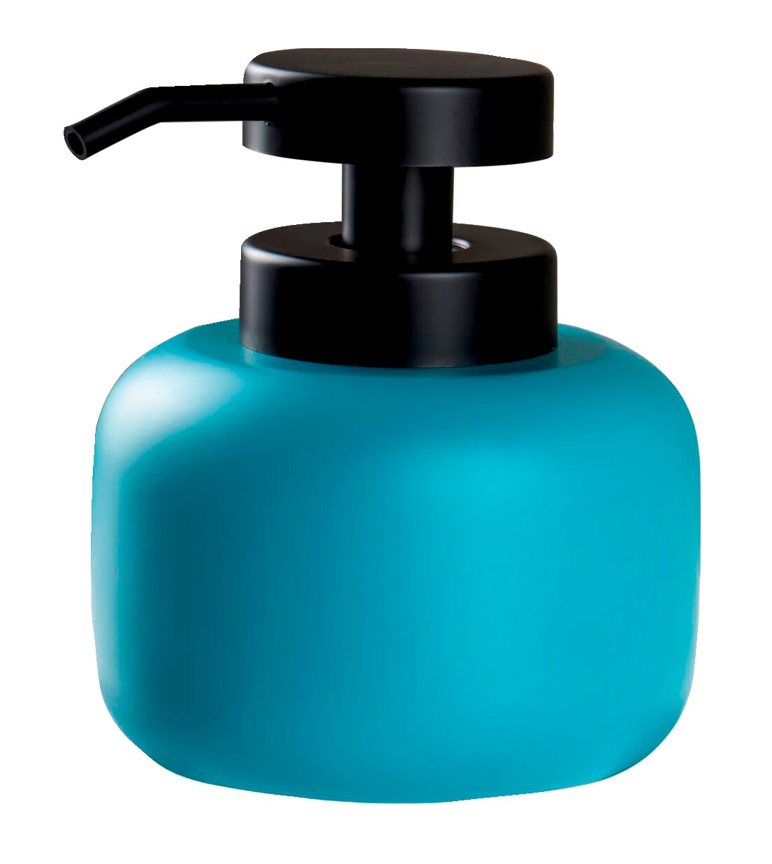 Moderner Seifenspender in Petrol mit schwarzem Pumpkopf, seitliche Perspektive