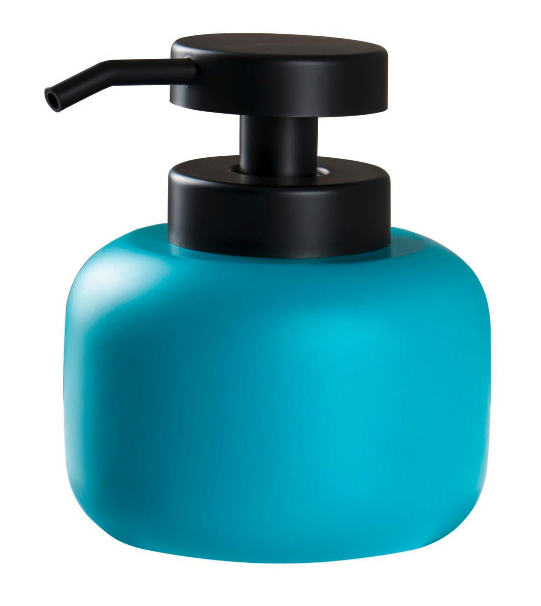 Moderner Seifenspender in Petrol mit schwarzem Pumpkopf, seitliche Perspektive