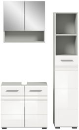 Moderne Badkombination bestehend aus einem Spiegelschrank, einem Waschbeckenunterschrank und einem Hochschrank in weißer Hochglanzoptik, frontal abgebildet.