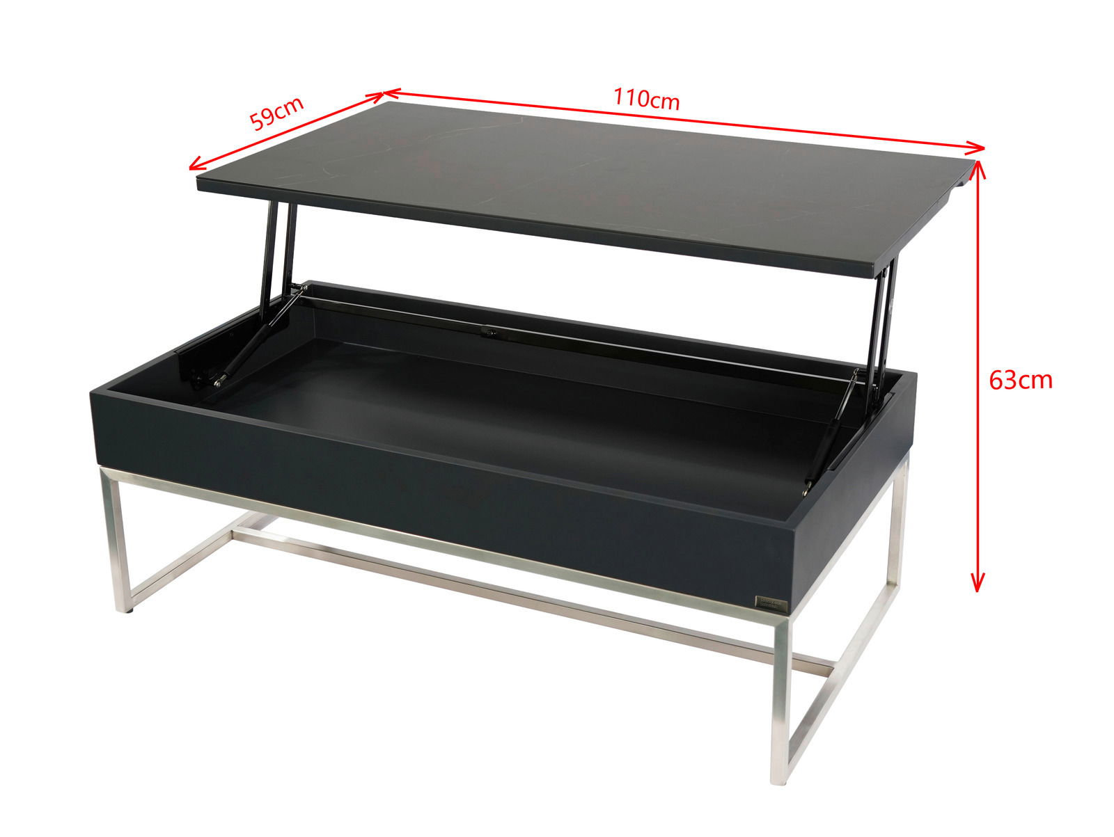 Moderner Couchtisch mit hochklappbarer Tischplatte, schwarze Oberfläche, silberne Metallbeine, seitliche Perspektive.