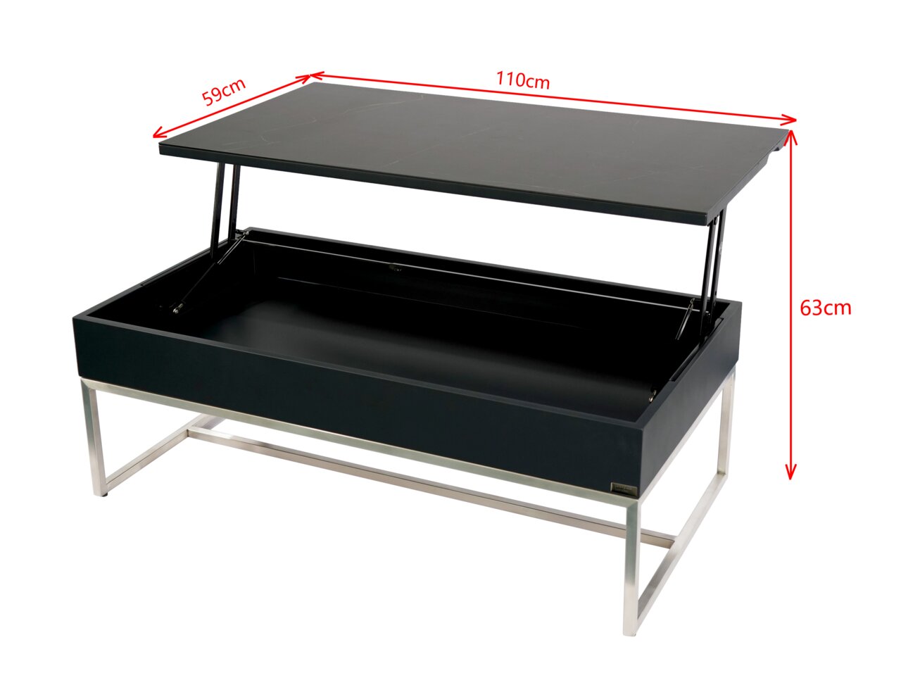 Moderner Couchtisch mit hochklappbarer Tischplatte, schwarze Oberfläche, silberne Metallbeine, seitliche Perspektive.