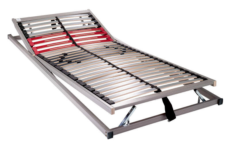 Lattenrost GF 90 x 200 cm in seitlicher Perspektive mit verstellbarem Kopfteil und roten Akzenten