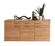 Holz-Sideboard mit drei Schubladen und zwei Türen, dekoriert mit Pflanzen und Büchern, Frontalansicht