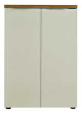 Moderner Schuhschrank mit zwei Türen in Frontansicht, obere Kante in Holzoptik.