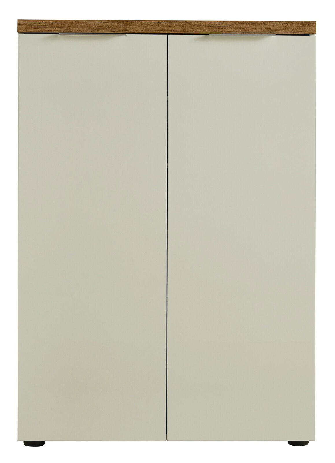 Moderner Schuhschrank mit zwei Türen in Frontansicht, obere Kante in Holzoptik.