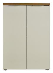 Moderner Schuhschrank mit zwei Türen in Frontansicht, obere Kante in Holzoptik.