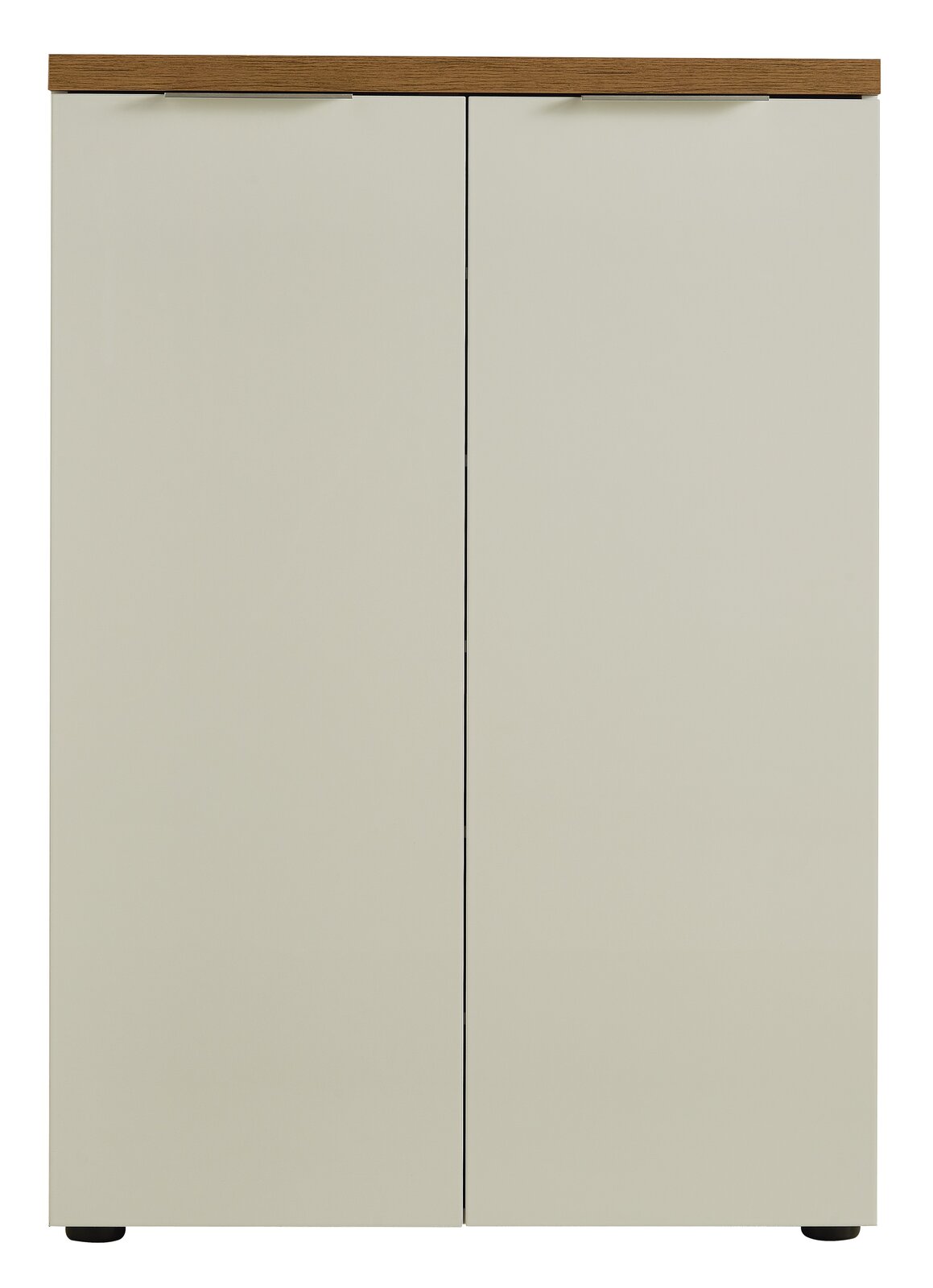 Moderner Schuhschrank mit zwei Türen in Frontansicht, obere Kante in Holzoptik.