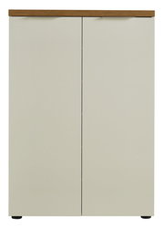 Moderner Schuhschrank mit zwei Türen in Frontansicht, obere Kante in Holzoptik.