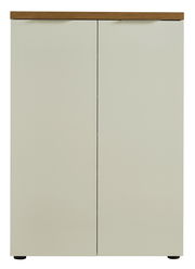 Moderner Schuhschrank mit zwei Türen in Frontansicht, obere Kante in Holzoptik.