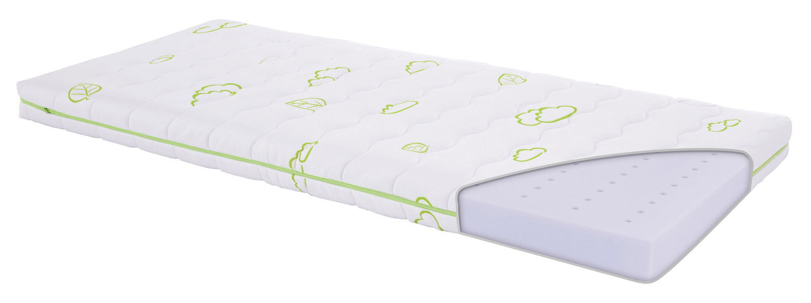 Jugendmatratze 90x200 mit abnehmbarem Bezug, seitliche Perspektive, weiße Oberfläche mit grünen Mustern.