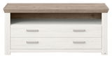 Frontale Ansicht eines Lowboards mit zwei weißen Schubladen und einer offenen Ablagefläche in Holzoptik.