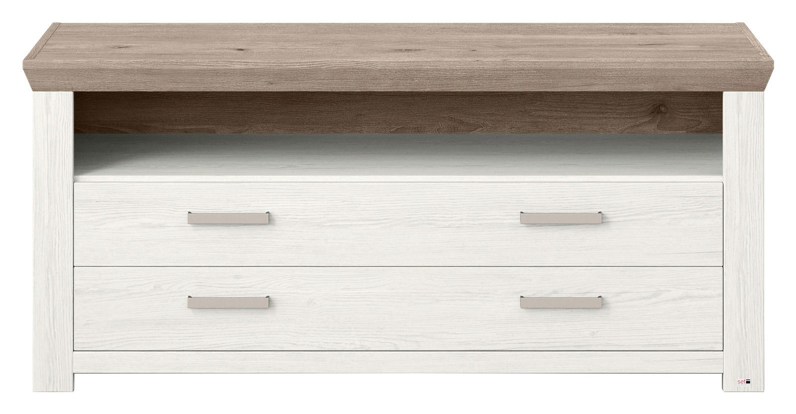Frontale Ansicht eines Lowboards mit zwei weißen Schubladen und einer offenen Ablagefläche in Holzoptik.