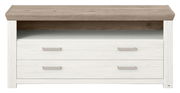 Frontale Ansicht eines Lowboards mit zwei weißen Schubladen und einer offenen Ablagefläche in Holzoptik.