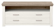 Frontale Ansicht eines Lowboards mit zwei weißen Schubladen und einer offenen Ablagefläche in Holzoptik.