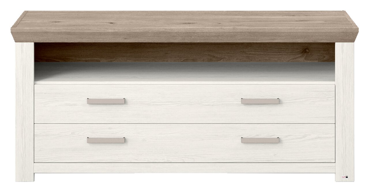 Vooraanzicht van een laag dressoir met twee witte lades en een open legplank in houtlook.