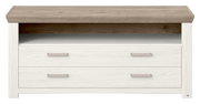 Vooraanzicht van een laag dressoir met twee witte lades en een open legplank in houtlook.