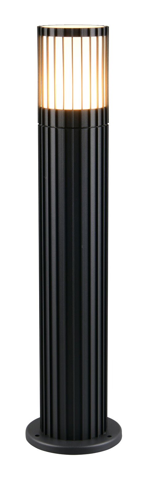 Moderne schwarze Außen-Sockelleuchte mit vertikalen Streben, leuchtend, aus frontaler Perspektive.