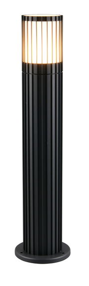 Moderne schwarze Außen-Sockelleuchte mit vertikalen Streben, leuchtend, aus frontaler Perspektive.