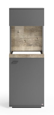 Vitrine in modernem Design mit grauer Front und Holzoptik, frontal betrachtet.