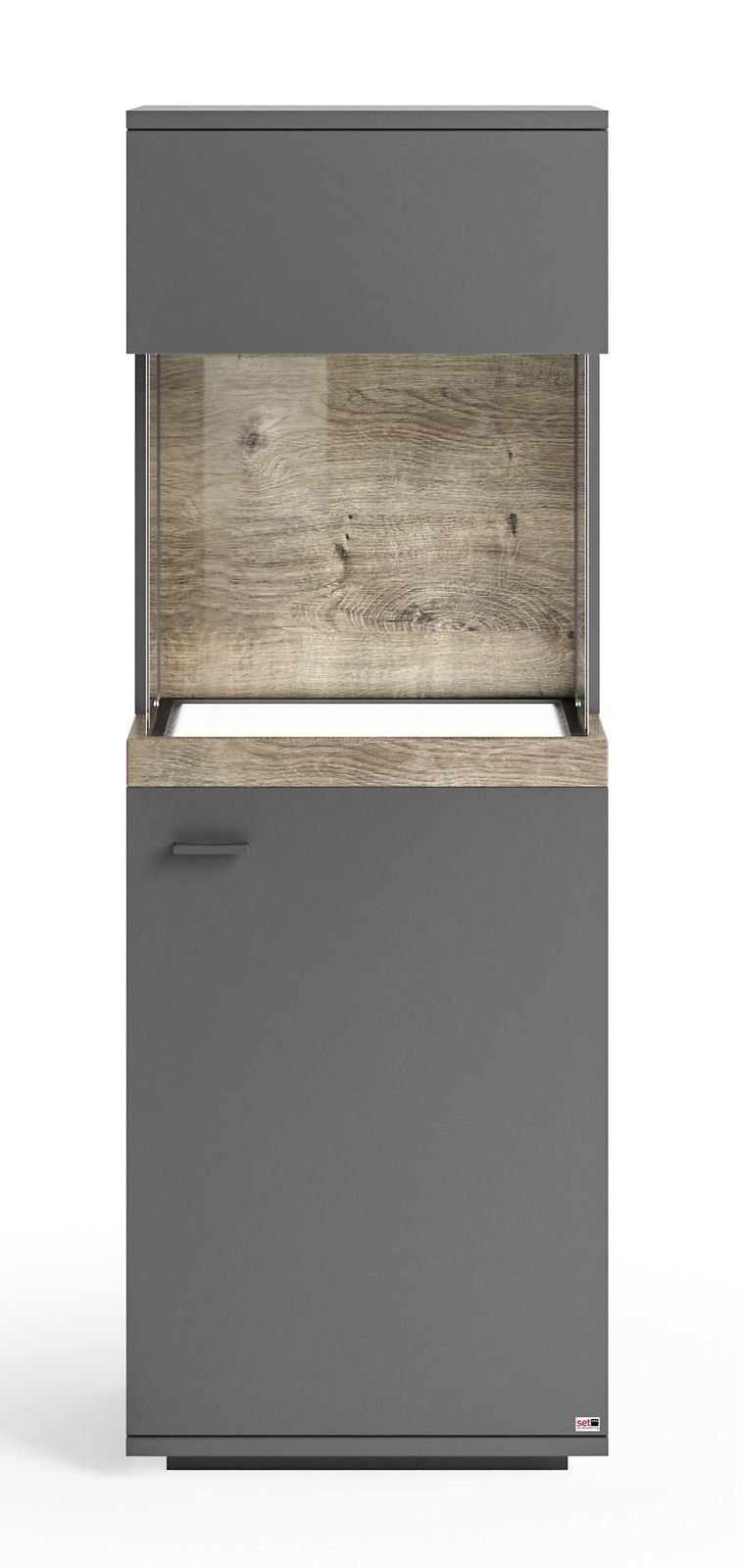 Vitrine in modernem Design mit grauer Front und Holzoptik, frontal betrachtet.