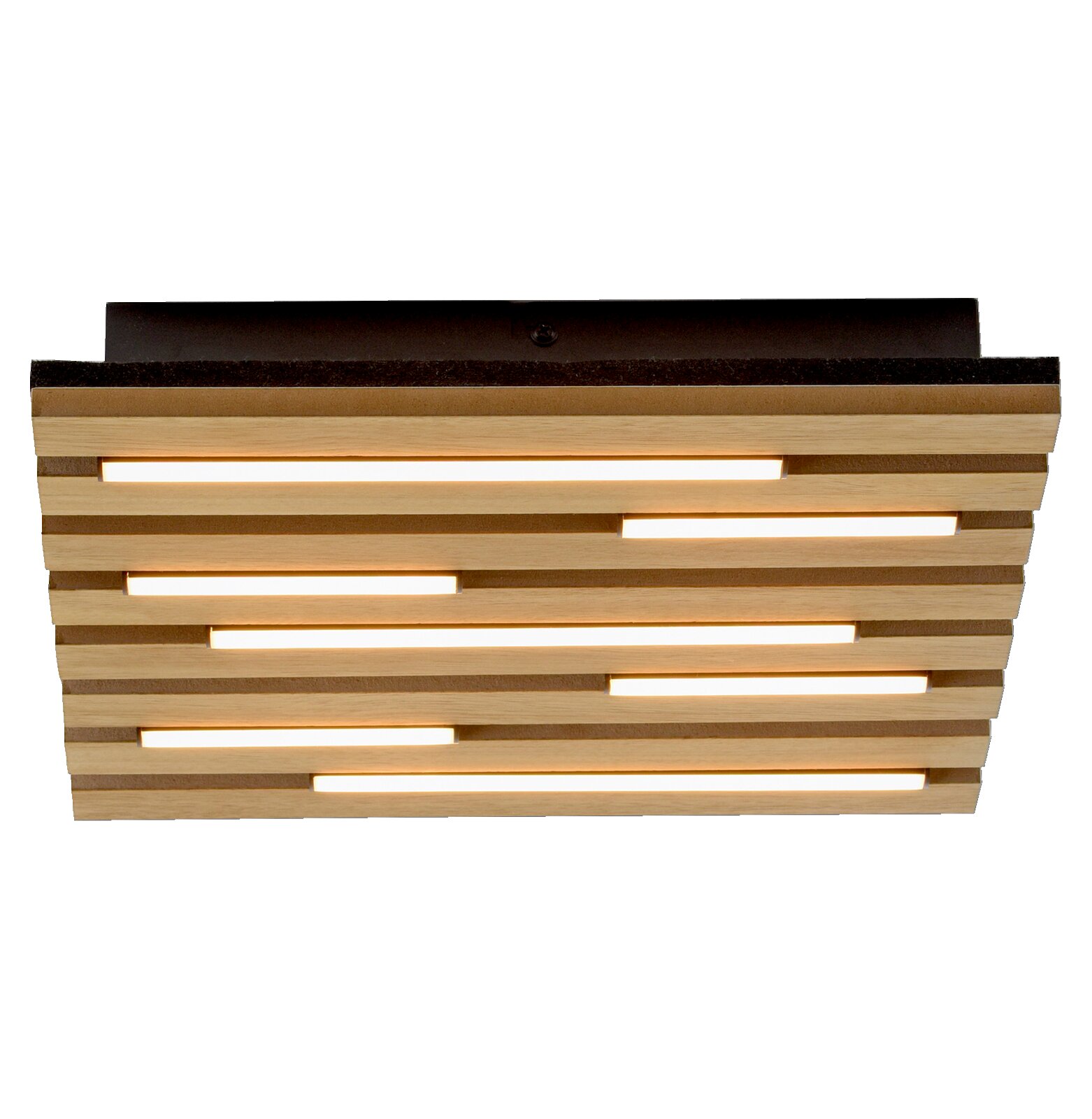 Moderne plafondlamp met houten lamellen en ingebouwde verlichting, gezien van onderaf.