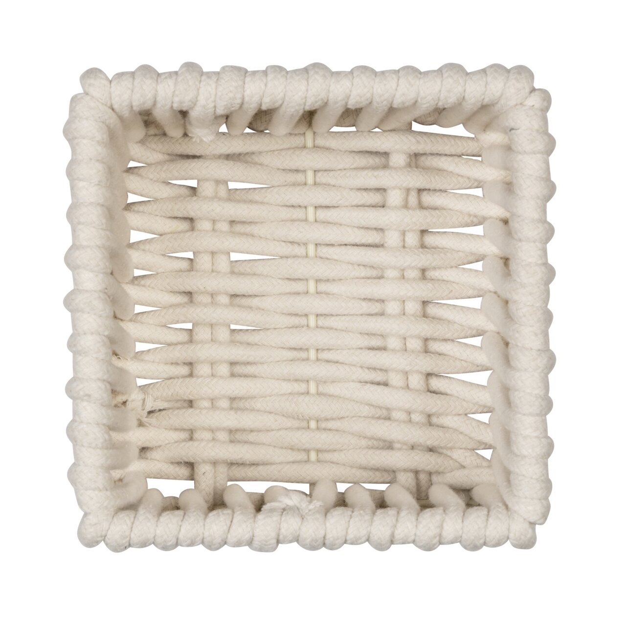 Vogelperspektive auf einen quadratischen, naturfarbenen Badkorb mit geflochtenem Design.