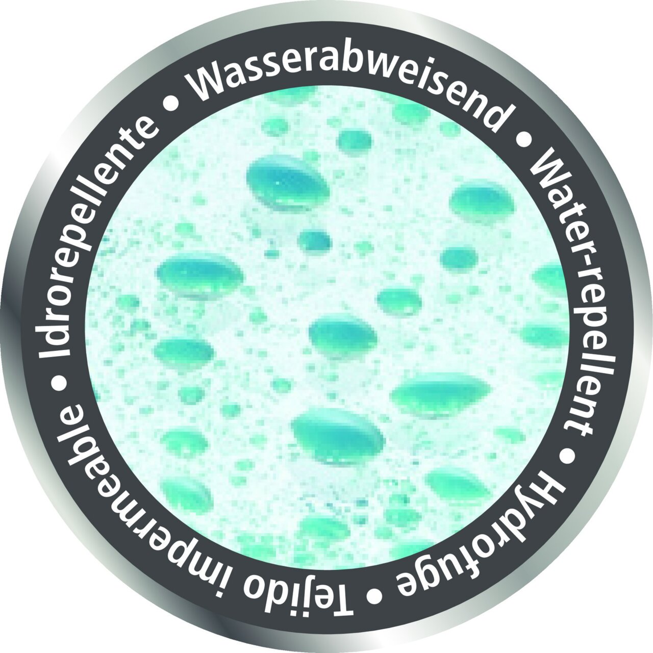 Nahaufnahme eines wasserabweisenden Duschvorhangs mit Wassertropfen auf der Oberfläche, perspektivisch von oben betrachtet.