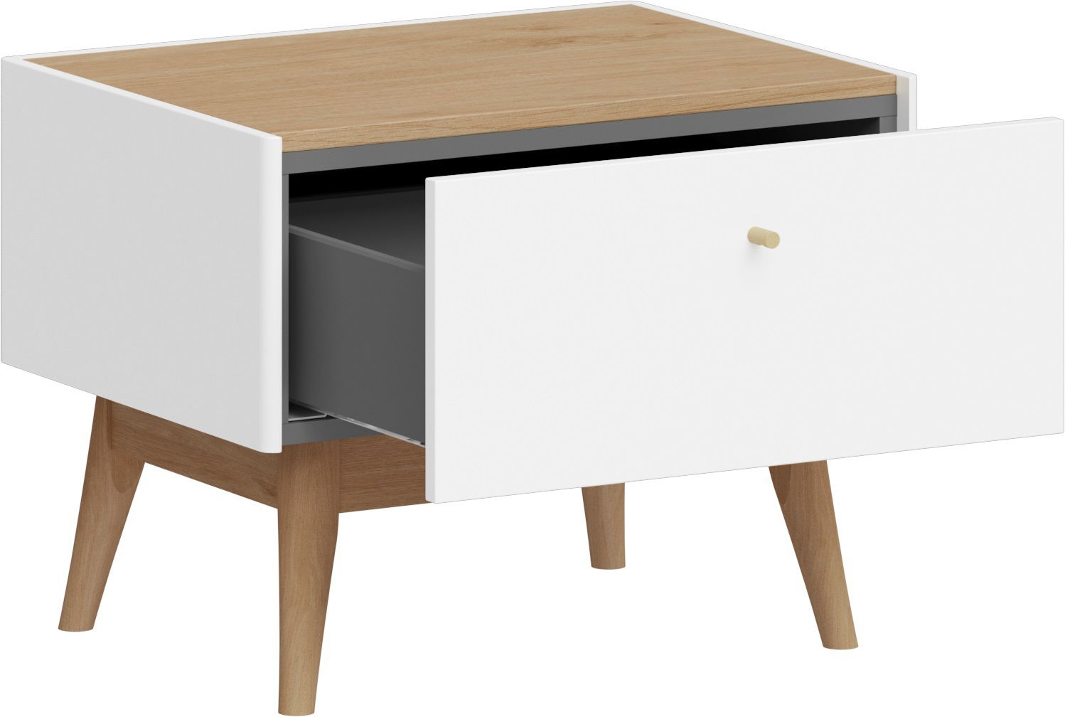 MID.YOU Nachtkonsole MONTEO Moderne Nachtkonsole mit weißer Schublade und Holzbeinen, Schublade leicht geöffnet, seitliche Perspektive