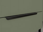 Nahaufnahme eines olivgrünen Waschbeckenunterschranks mit schwarzem Griff, seitliche Perspektive