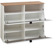 Weiße Garderobe mit Holzoberfläche, offene Frontansicht mit zwei Klapptüren und mehreren Fächern.