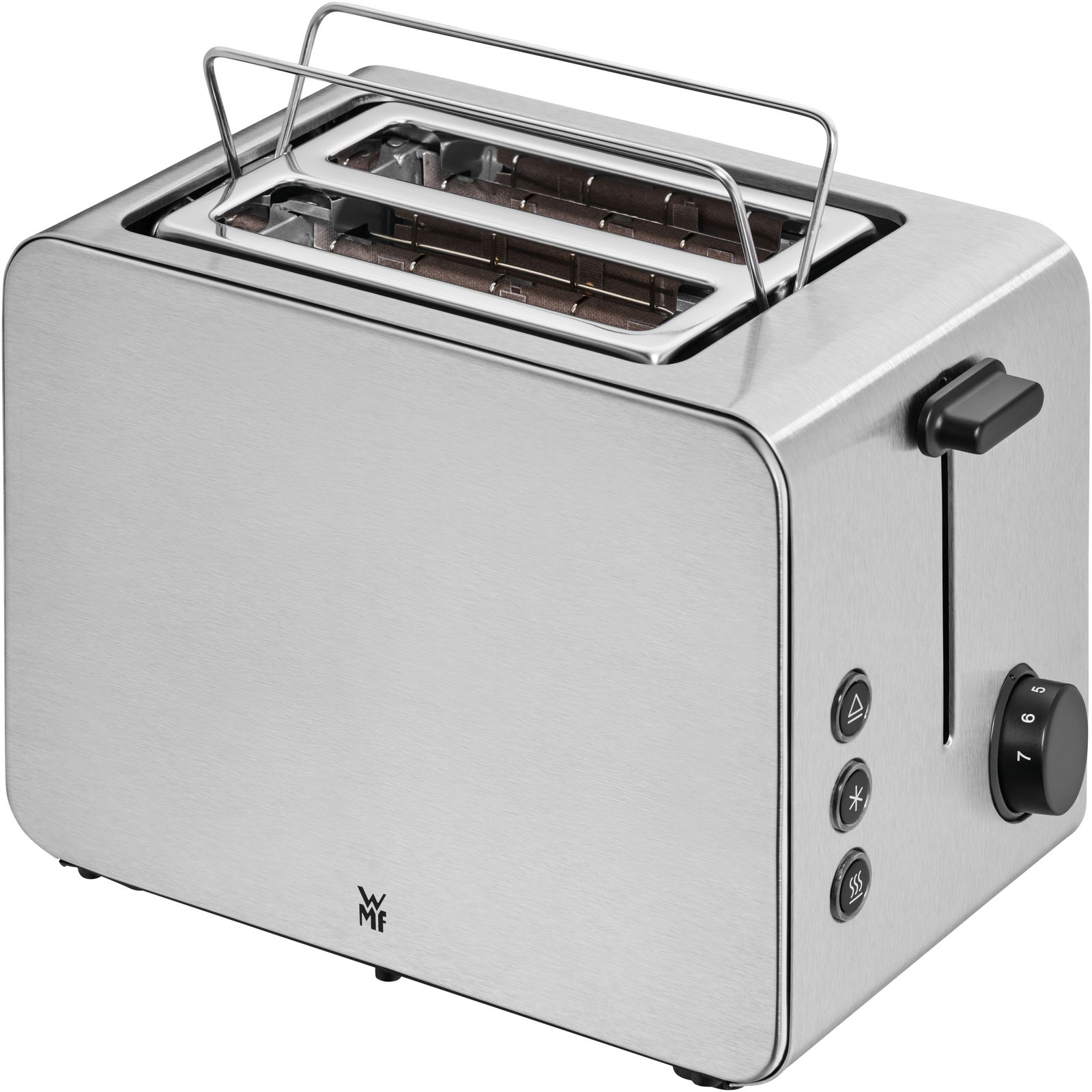 WMF Stelio Toaster Edition aus Edelstahl, seitliche Perspektive mit Bedienelementen und Toastschlitzen sichtbar