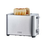 Silberner Toaster mit zwei Scheiben Toast, seitliche Perspektive