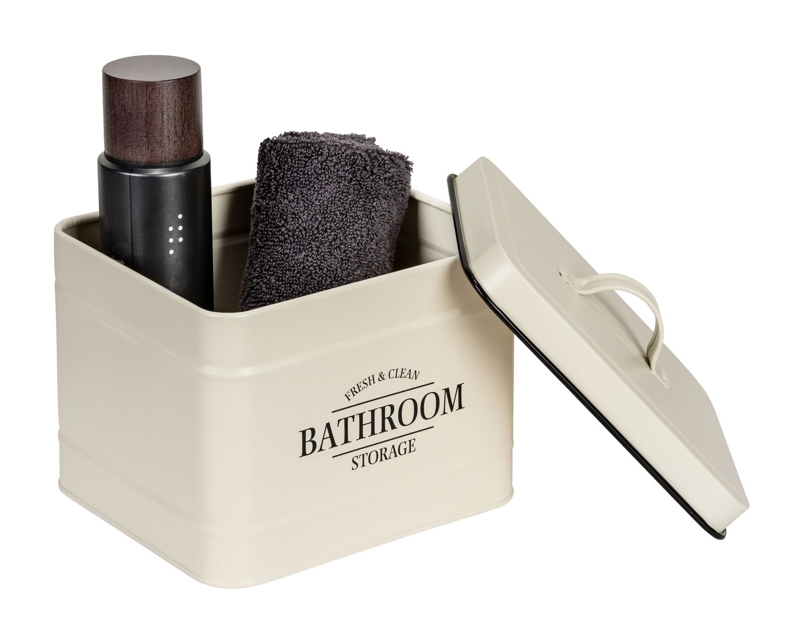 Beige Badbox mit Deckel, gefüllt mit einer dunklen Flasche und einem grauen Handtuch, aus seitlicher Perspektive.