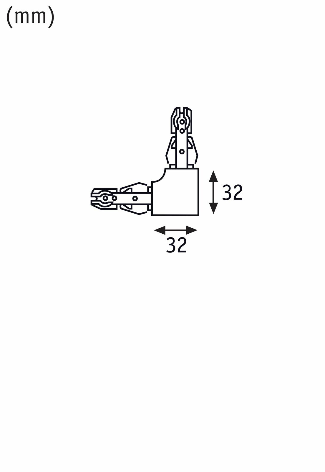 Technische Zeichnung eines L-Verbinders für das URAIL-System von PAULMANN, seitliche Ansicht mit Abmessungen 32x32 mm.