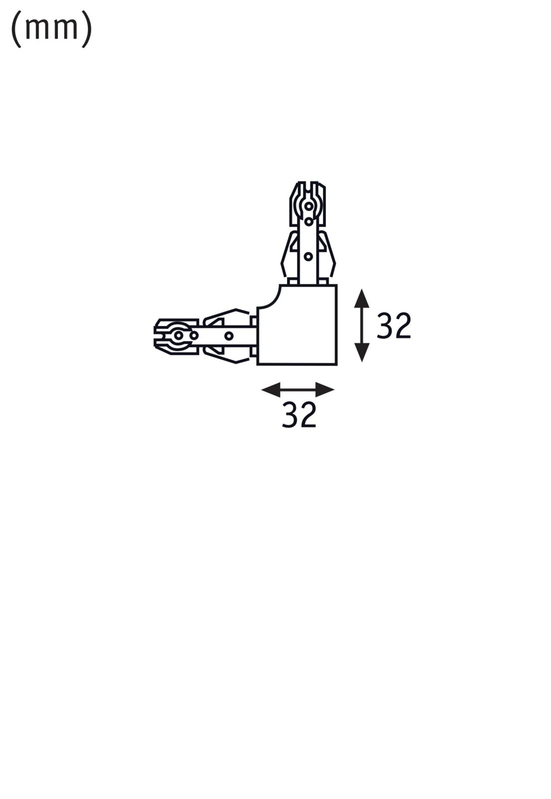 Technische tekening van een L-verbinding voor het URAIL-systeem van PAULMANN, zijaanzicht met afmetingen 32x32 mm.