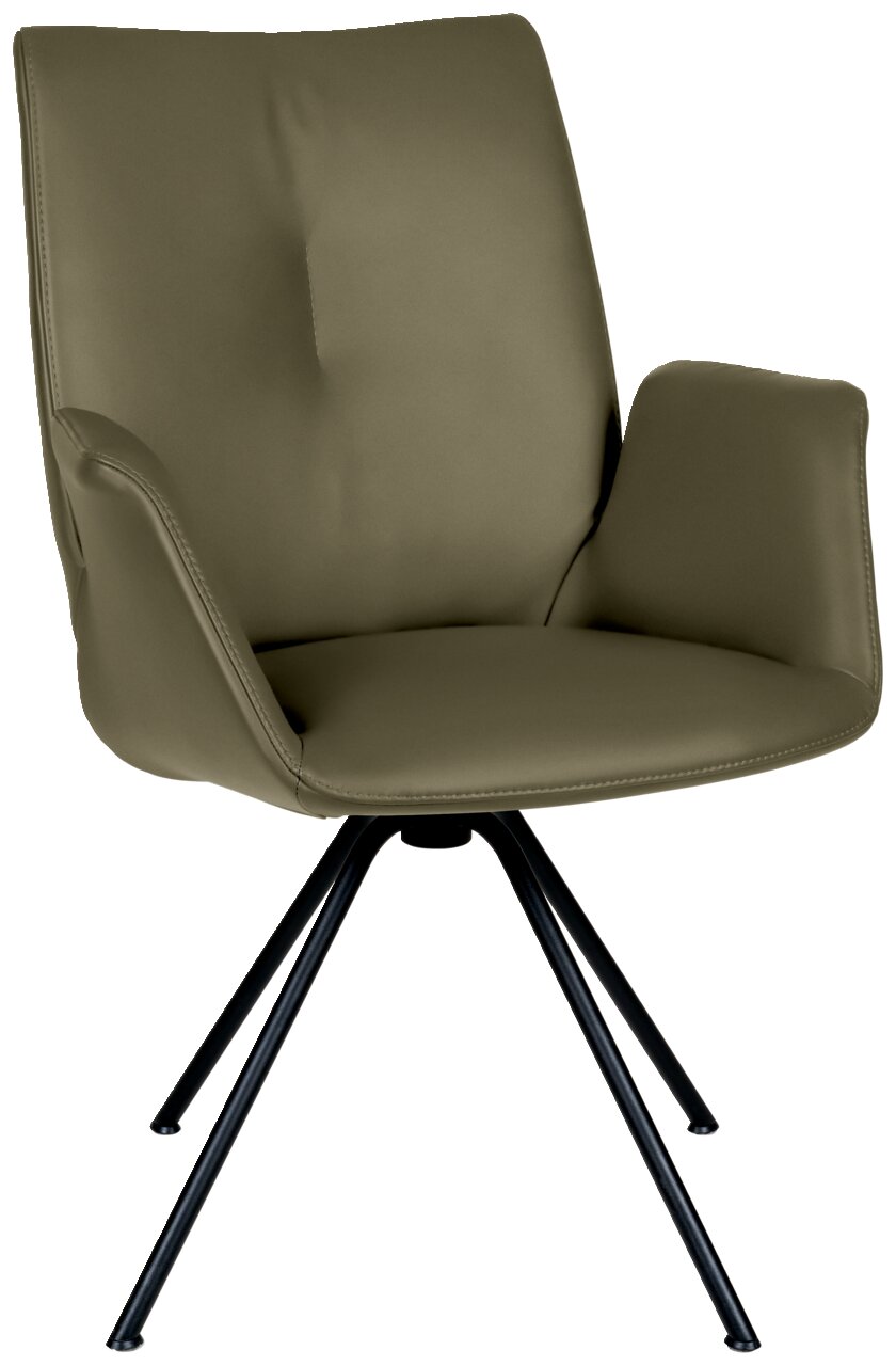 Moderne olijfgroene fauteuil met metalen poten, zijaanzicht