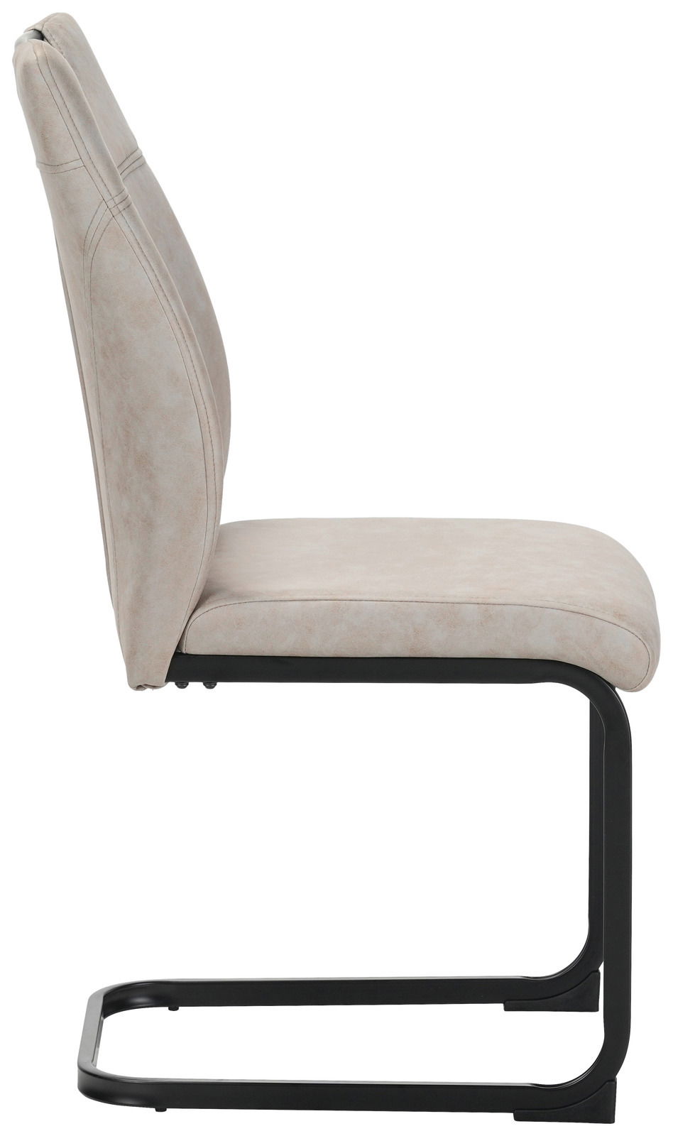 Seitenansicht eines modernen Schwingstuhls mit beigem Polster und schwarzem Metallgestell.