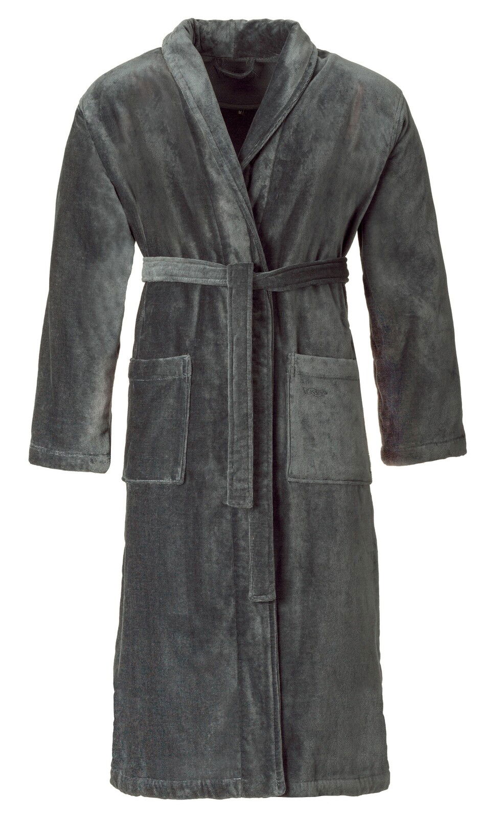 Vossen Bademantel L/XL DE LUXE Grauer Bademantel in Größe L/XL, Vorderansicht mit zwei aufgesetzten Taschen und Gürtel.