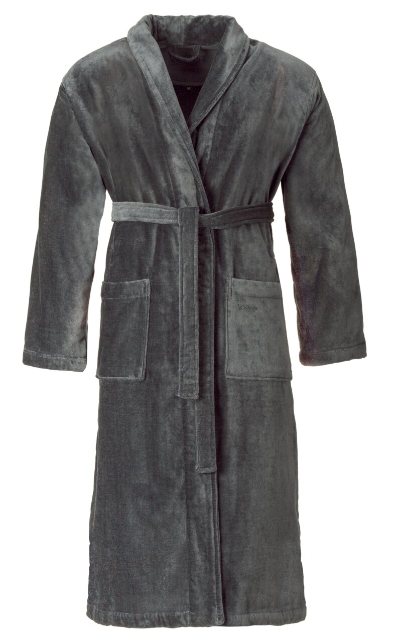 Grauer Bademantel in Größe L/XL, Vorderansicht mit zwei aufgesetzten Taschen und Gürtel.