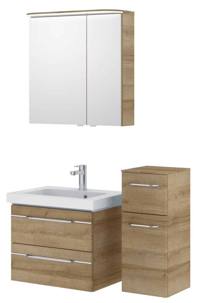 Moderner Badblock mit Holzoptik, bestehend aus einem Spiegelschrank, einem Waschbeckenunterschrank mit integriertem Waschbecken und einem hohen Schrank, frontal abgebildet.
