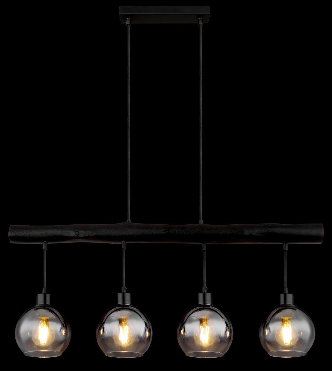 Moderne Hängeleuchte mit vier kugelförmigen Glühbirnen, frontal betrachtet.