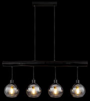 Moderne Hängeleuchte mit vier kugelförmigen Glühbirnen, frontal betrachtet.