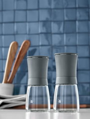 Zwei graue Mühlen aus Glas und Metall auf einer Küchenarbeitsplatte, im Hintergrund blaue Fliesen und Holzutensilien, Frontalansicht