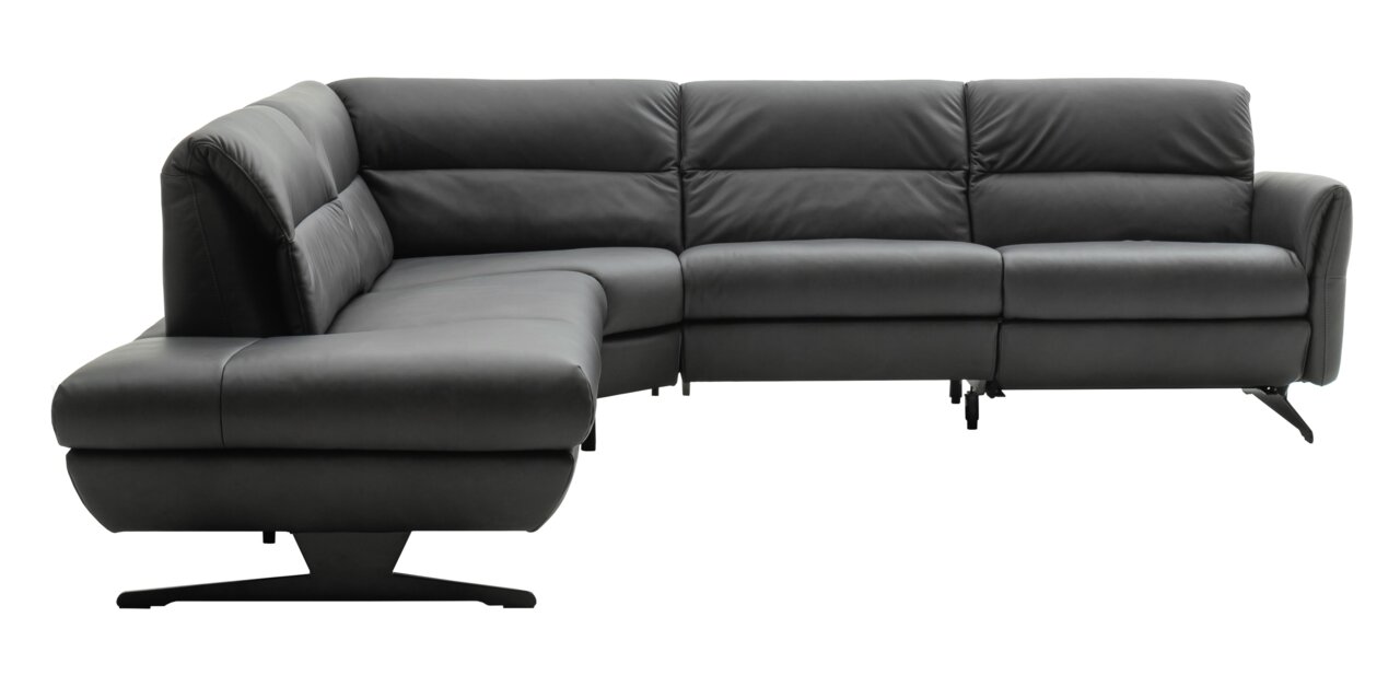 Eckgarnitur in dunklem Leder, seitliche Perspektive