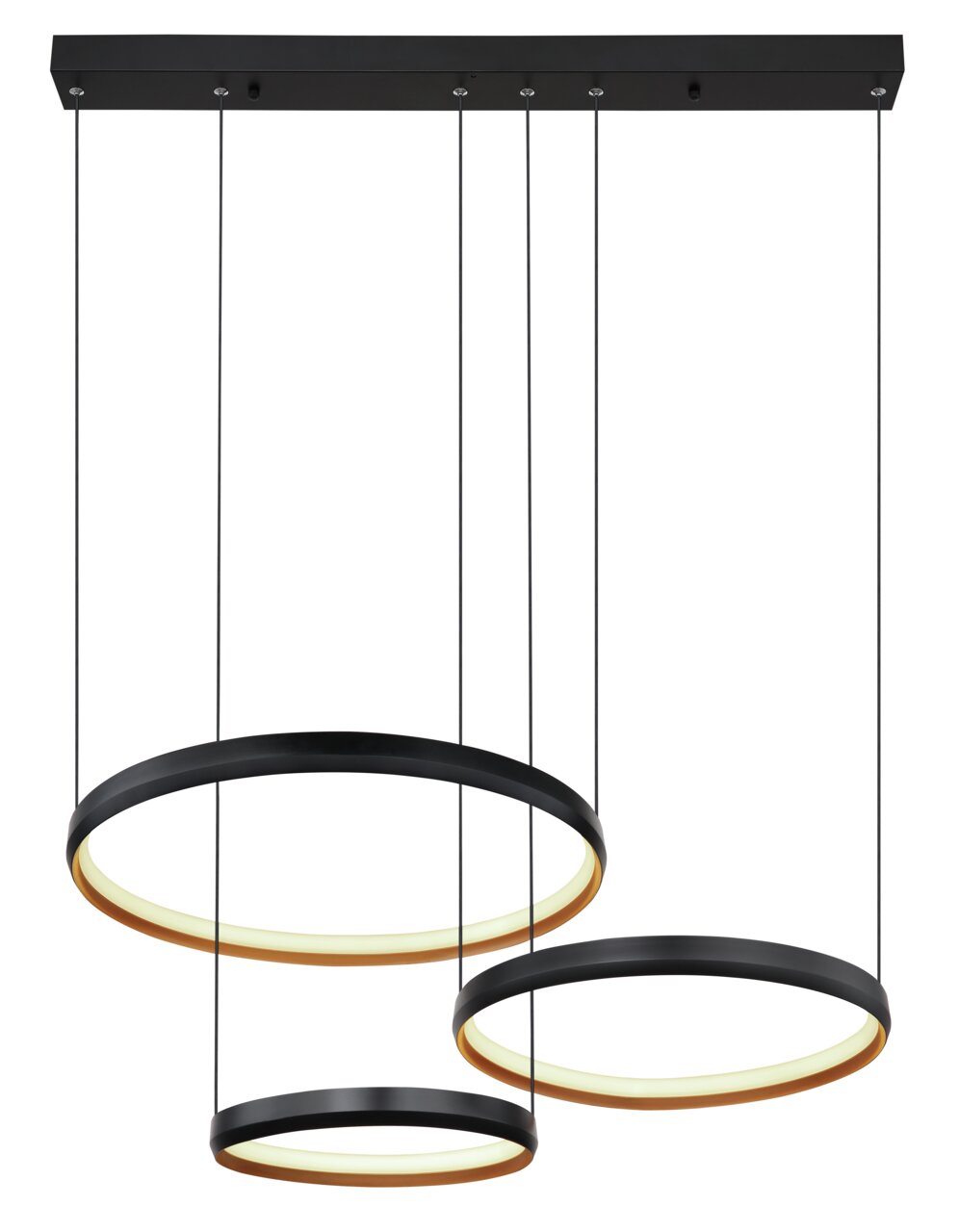 Moderne hanglamp HALLI met drie zwarte, ringvormige lichtelementen, gezien van opzij.