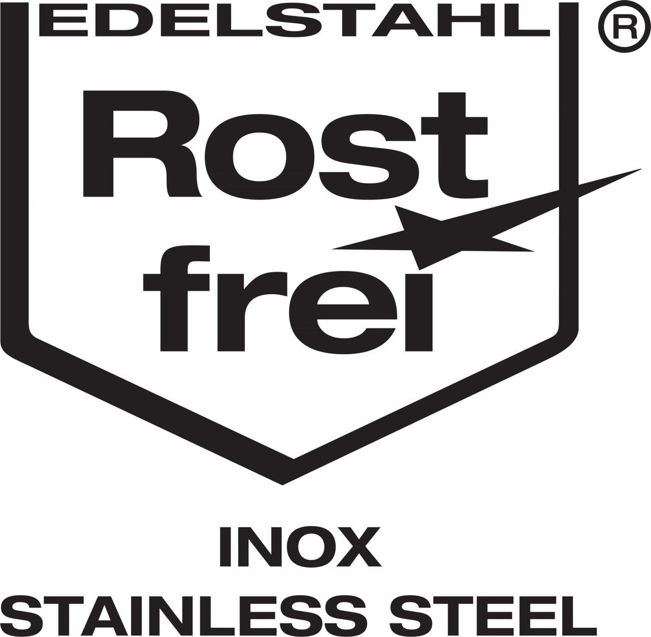 Logo mit der Aufschrift 'Edelstahl Rostfrei INOX Stainless Steel', frontal betrachtet.