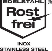 Logo mit der Aufschrift 'Edelstahl Rostfrei INOX Stainless Steel', frontal betrachtet.