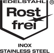 Logo mit der Aufschrift 'Edelstahl Rostfrei INOX Stainless Steel', frontal betrachtet.